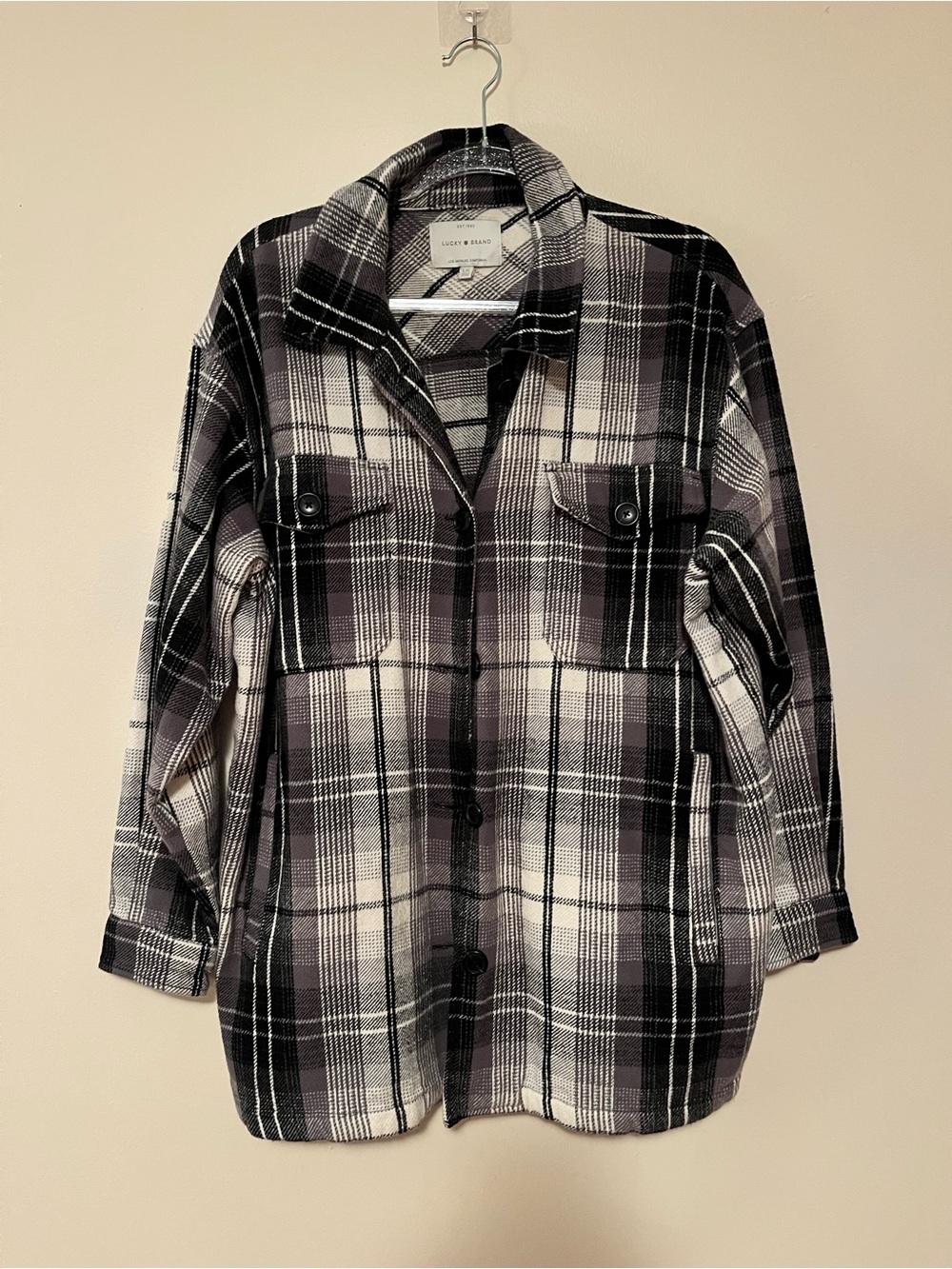 Plaid Button-Up Short Jacket in Black, White & Gray sz L
